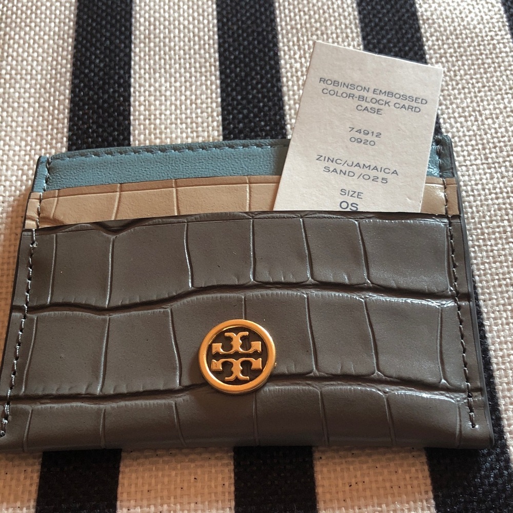Authentic Tory Burch Gray Croc Embossed Card Holder/Gold Tory Burch Logo New/tag - Picture 2 of 11